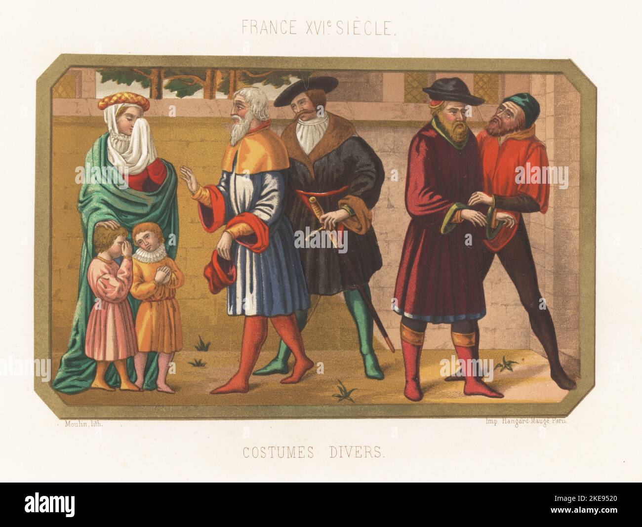 Französische Kostüme, 16. Jahrhundert. Frau im voluminösen Umhang mit Kind im Rüschenkragen. Männer in Zweibeiner und Schlauch. Kostüme Divers, Frankreich, XVIe siecle. Chromolithograph von Moulin aus Charles Louandres Les Arts Somptuaires, The Sumptuary Arts, Hangard-Mauge, Paris, 1858. Stockfoto