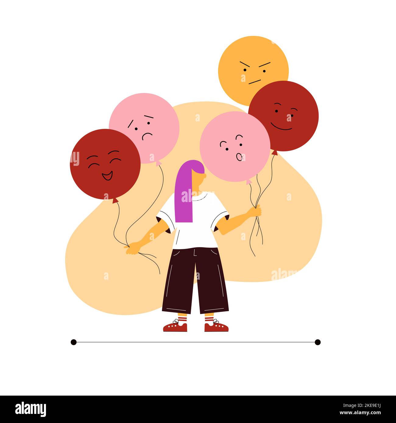 Konzept des emotionalen Gleichgewichts und der psychischen Gesundheit. Frau hält Ballons mit Gesichtern Stock Vektor