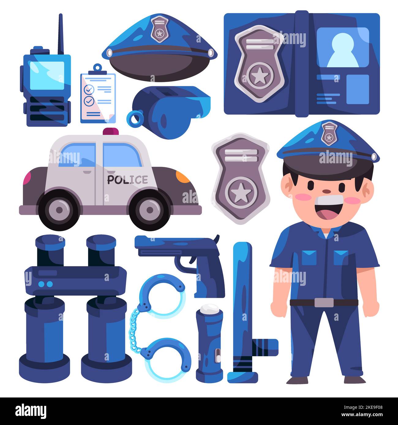 COP Polizist Objekt Illustration Symbol Satz blaue Uniform Abzeichen Kappe und Sicherheitsausrüstung Stock Vektor