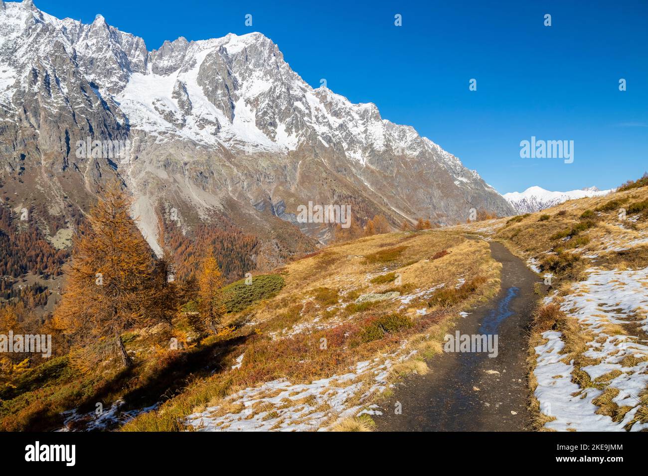 Blick auf Grandes Jorasses und das Mont Blanc-Massiv vom Weg zur Bergone Refuge im Ferret Valley im Herbst. Ferret Valley, Courmayeur, Aosta Bezirk, Stockfoto