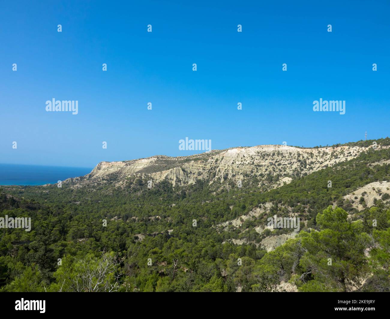 Panoramablick auf typisch griechische mediterrane Landschaft mit Hügel, Tannen und Büschen. Tourismus- und Urlaubskonzept. Rhodos-Insel, Griechenland. Stockfoto