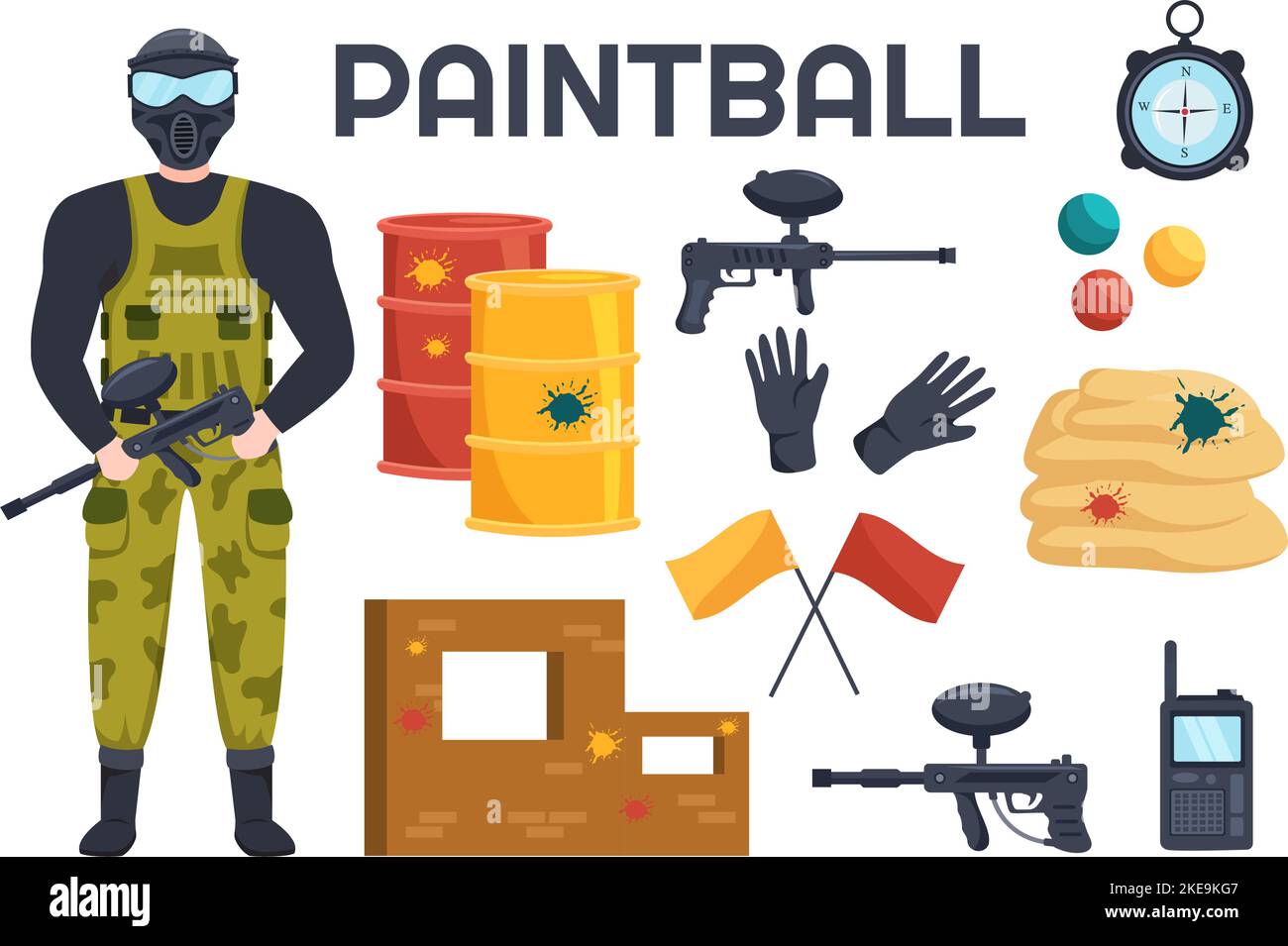 Menschen, die Paintball des Jagdspielers spielen Schießen mit Waffe Schießen, zielen, angreifen in der Feldszene in flacher Cartoon Hand Drawn Template Illustration Stock Vektor