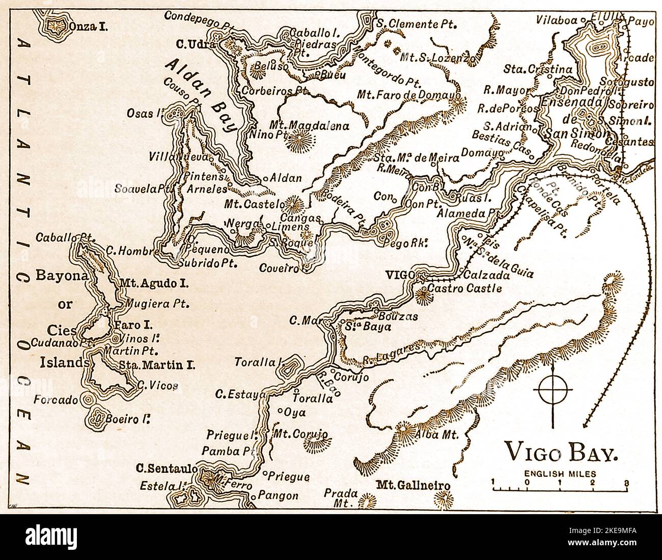 Eine alte Karte der Bucht von Vigo aus dem Jahr 1890, Spanien. Die Bucht von Vigo ist einer der Schauplätze von Jules Vernes Roman „20.000 Meilen unter dem Meer“. Historisch gesehen ist das Gebiet bekannt für die Schlacht an der Bucht von Vigo, auch bekannt als die Schlacht von Rande / Batalla de Rande, die am 23. Oktober 1702 während der ersten Jahre des spanischen Erbfolgekrieges auf See ausgetragen wurde. --- UN mapa tiguo de 1890 de la Bahía de Vigo, España. La Bahía de Vigo es uno de los escenarios de la novela de Julio Verne, Veinte mil leguas de viaje submarino y Batalla de Rande (1702), Stockfoto