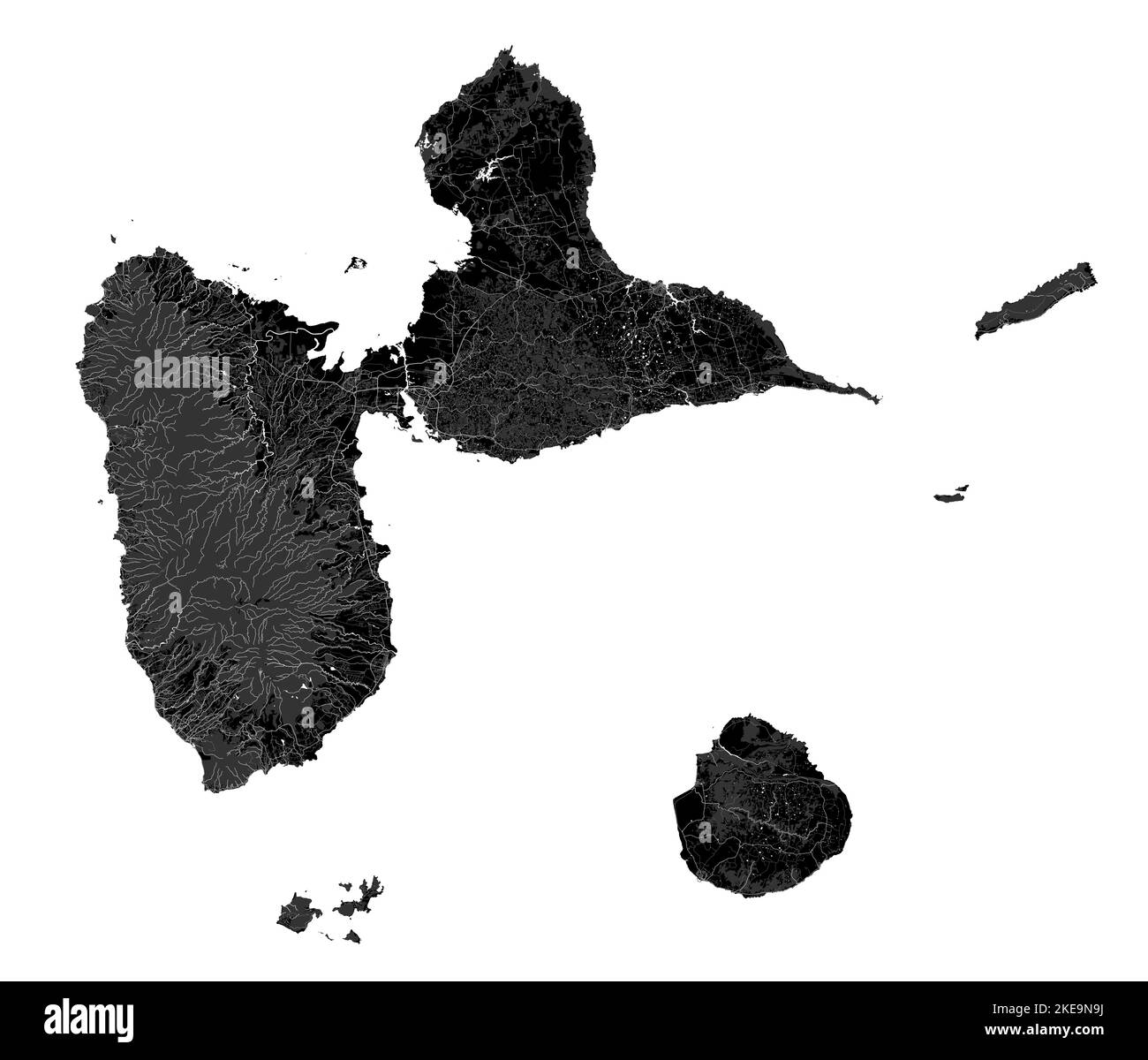 Karte von Guadeloupe, karibische Inseln. Archipel und Übersee-Abteilung und Region von Frankreich. Dunkelschwarze Karte mit Flüssen, Wäldern, weißem Hintergrund. Stock Vektor