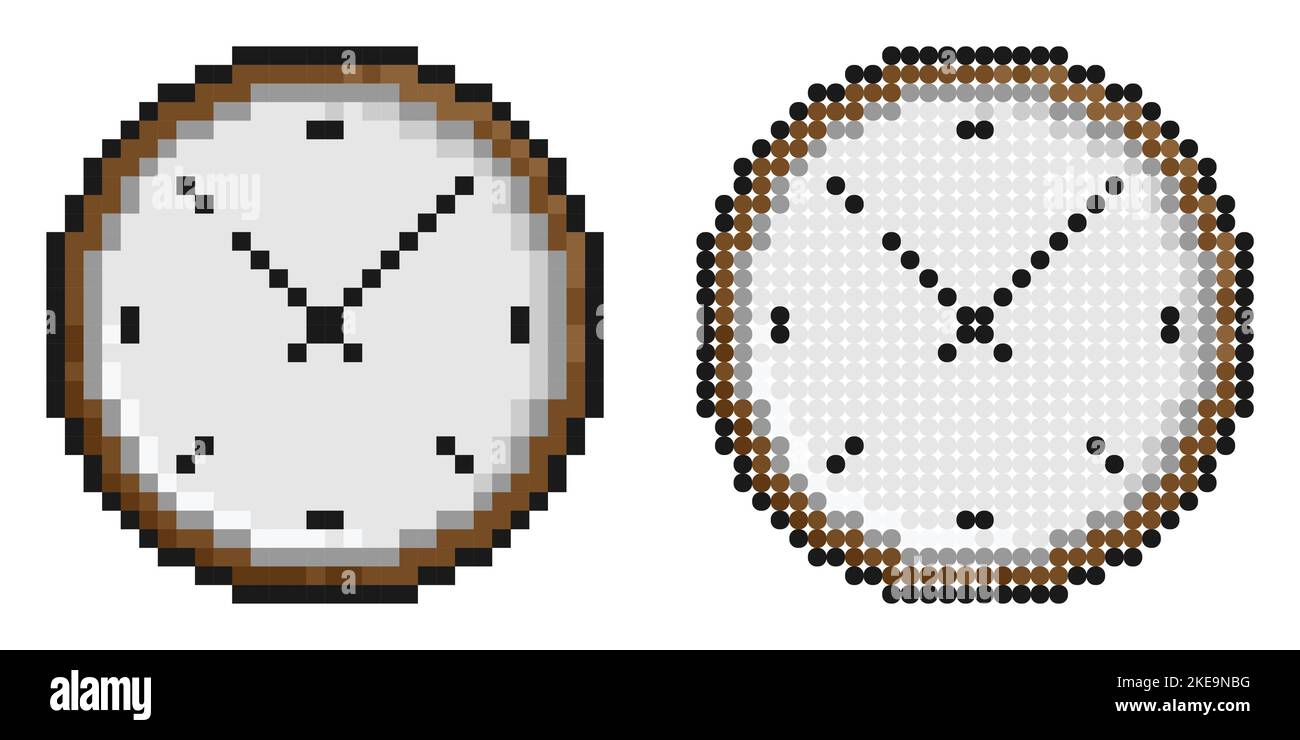 Pixelsymbol. Wanduhr mit Minuten- und Stundenzeiger. Mechanische Uhr zur Zeitmessung. Countdown bis zum neuen Jahr. Einfache Retro-Spiel Vektor isoliert o Stock Vektor