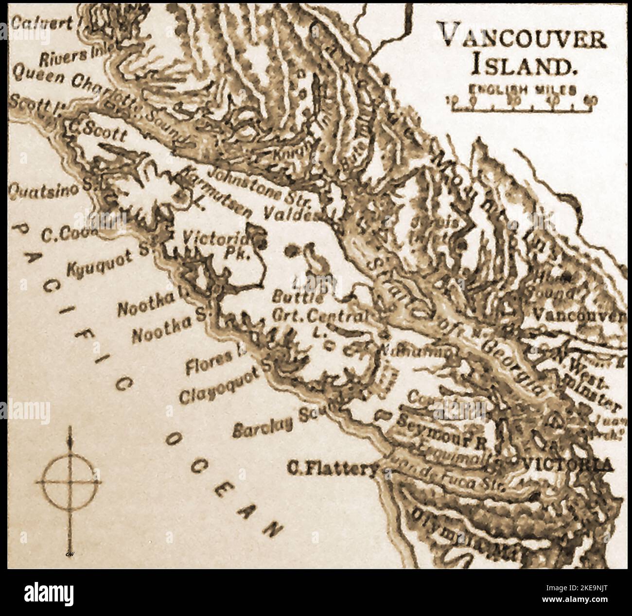 Eine Karte von Vancouver Island aus dem späten 19.. Jahrhundert Vancouver Island liegt am nordöstlichen Pazifik und ist die größte und bevölkerungsreichste Insel an der Westküste Amerikas. Es hat ein mediterranes Klima, das den Anbau von subtropischen Pflanzen einschließlich Orangen und Oliven ermöglicht. Stockfoto