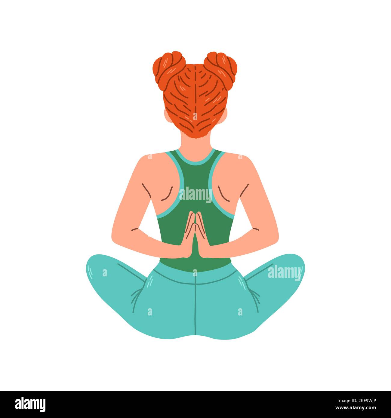 Junge Frau, die in der Yoga-Lotuspose sitzt, Blick von hinten. Meditierende Mädchen Illustration. Yoga Frau, Meditation, Anti-Stress Stock Vektor