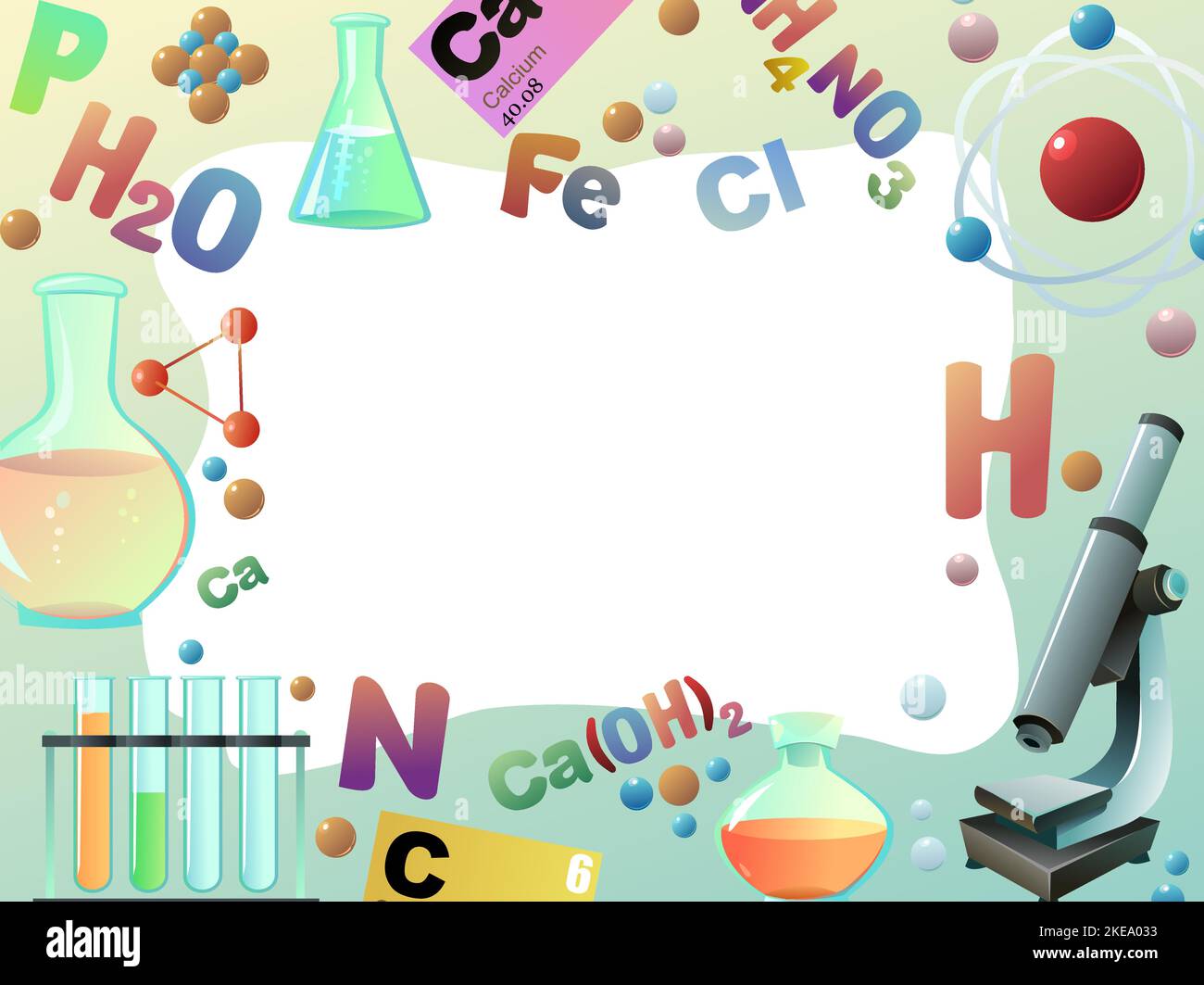 Chemische Objekte mit Platz für Text. Studie und Produktion von Mineral. Organisch und anorganisch. Teile von molekularer und atomarer Basis. Isoliert auf Weiß Stock Vektor