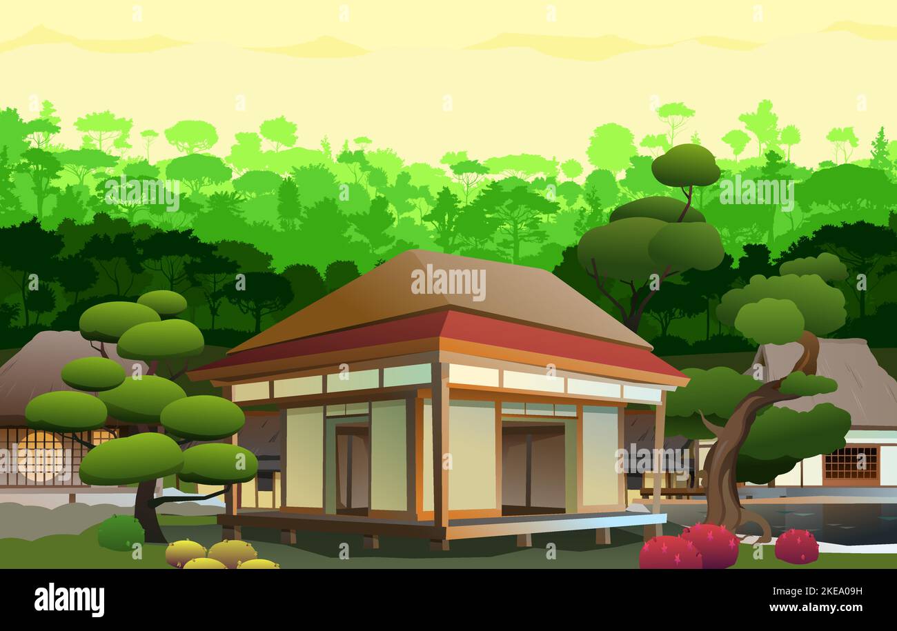 Traditionelles japanisches Haus. Dichter Waldaufgang. Kleines Dorf. Ländliche Wohnung mit Strohdach. Illustration Vektor Stock Vektor