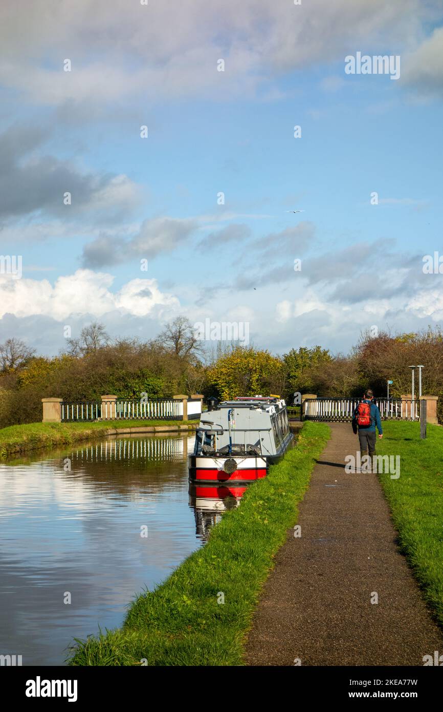 Mann, der am Shropshire Union Kanal bei Nantwich Cheshire entlang des Kanalpfades in Richtung des von Thomas Telford entworfenen Aquädukts an Schmalbooten vorbeiläuft Stockfoto