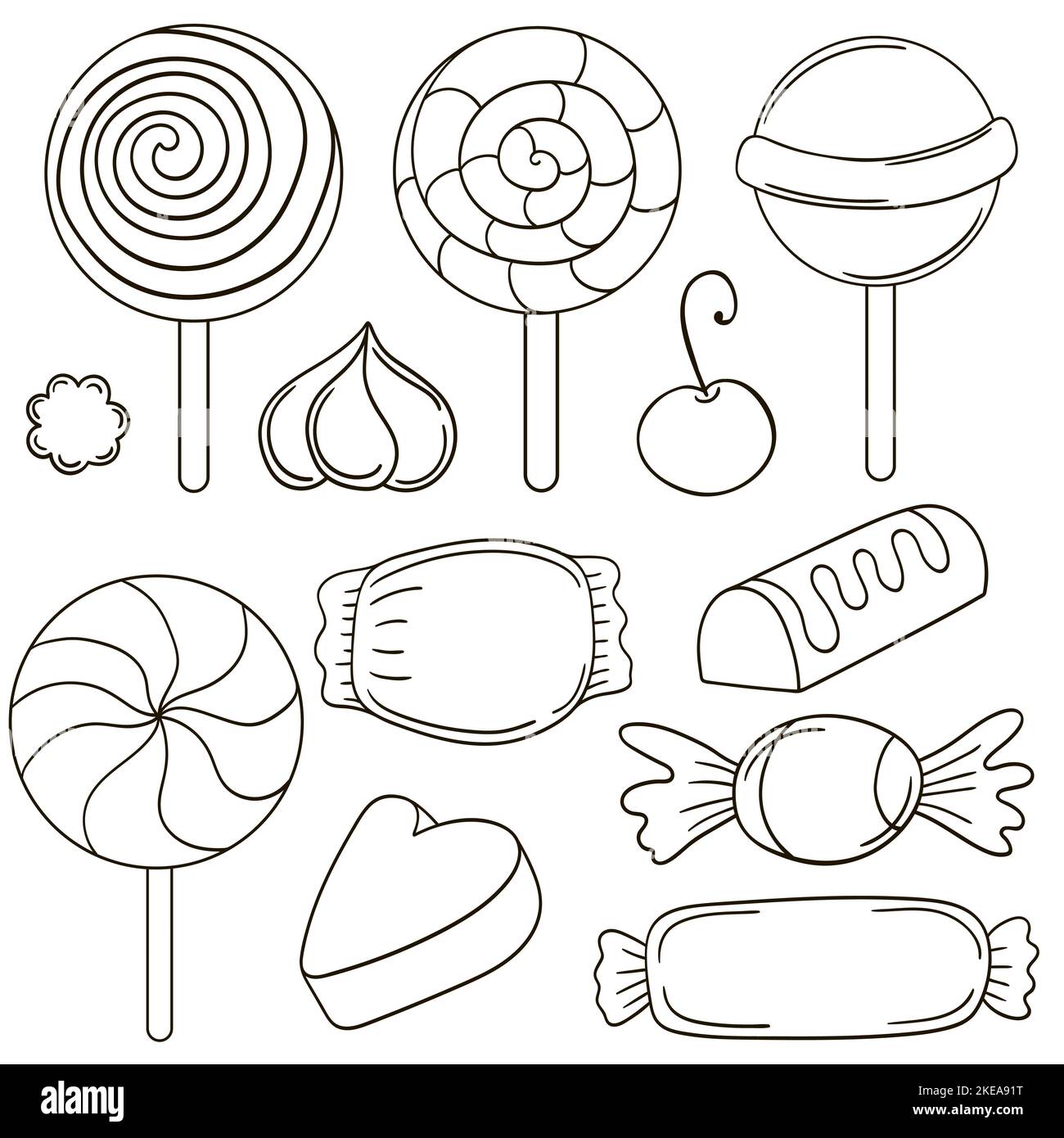 Monochromer Satz von Vektorgrafiken im Handzeichnen-Stil. Sammlung von Symbolen, Sticker. Bonbons, Lutscher, Salmler Stock Vektor