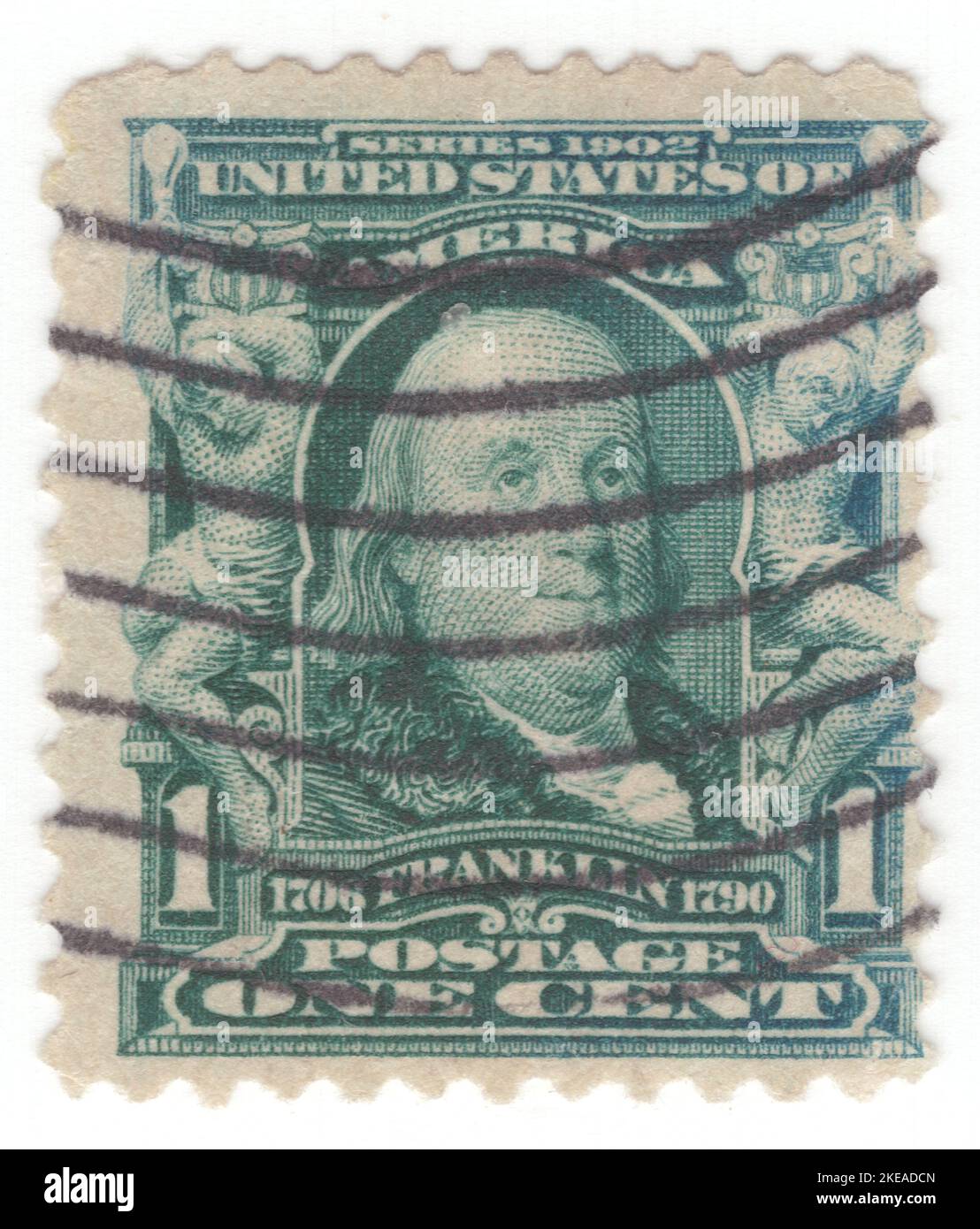 USA - 1903: Eine 1 Cent blau-grüne Briefmarke, die das Porträt von Benjamin Franklin zeigt. Amerikanischer Universalgelehrter, der als Schriftsteller, Wissenschaftler, Erfinder, Staatsmann, Diplomat, Drucker, Verleger und politischer Philosoph. Unter den führenden Intellektuellen seiner Zeit war Franklin einer der Gründungsväter der Vereinigten Staaten, ein Drahter und Unterzeichner der Unabhängigkeitserklärung der Vereinigten Staaten und der erste Vereinigte Staaten Postmaster General Stockfoto