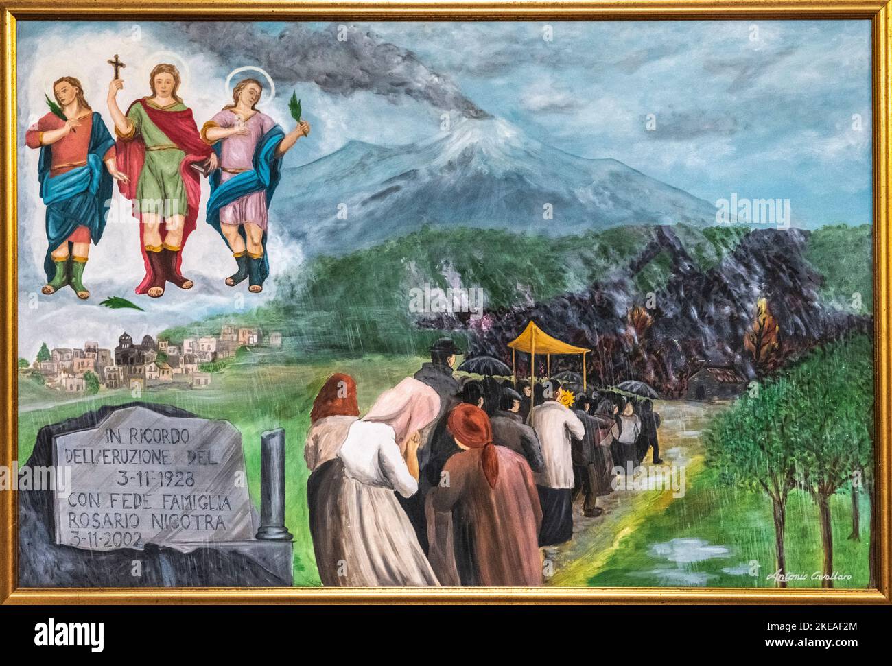Ein Ex-voto-Gemälde im sizilianischen Dorf Sant'Alfio, das für seine Sicherheit während des katastrophalen Ausbruchs von 1928 gedankt wurde Stockfoto