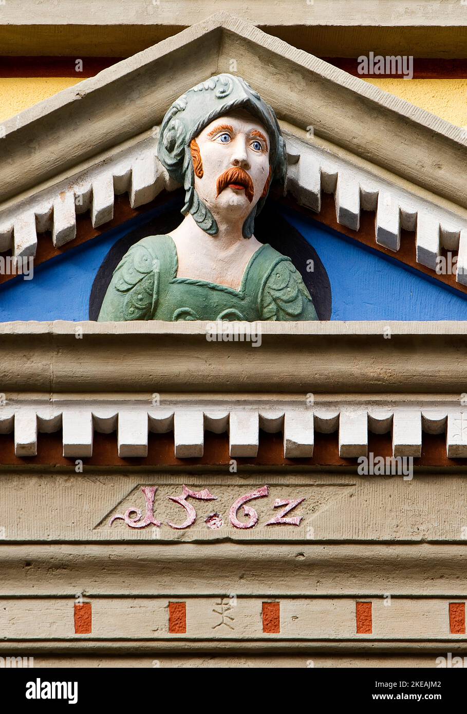 Ein sogenannter Gaffelkopf an der Fassade des Hauses zum Roten Ochsen, Deutschland, Thüringen, Erfurt Stockfoto