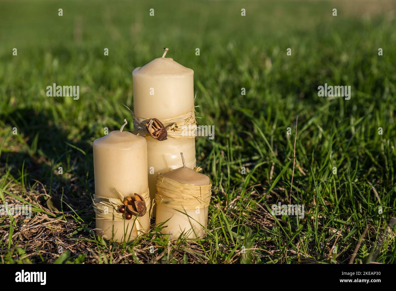 Drei dekorative Wachskerzen auf einem grünen Rasen Stockfoto