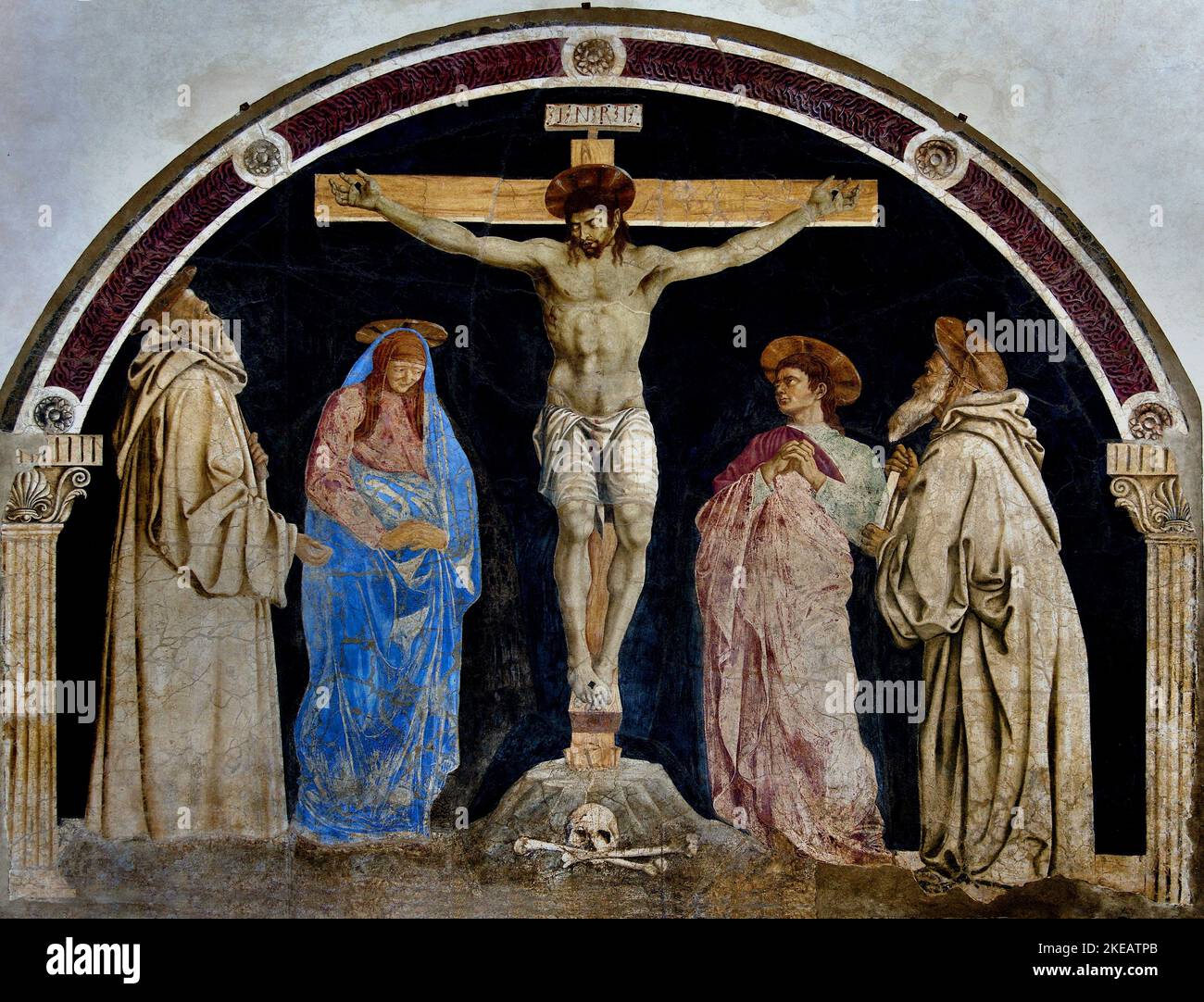 Kreuz, Kreuzigung , gemalt von Andrea del Castagno,1420 - 1457,Sant' Apollonia, Florenz, Italien, Italienisch. Benediktinerinnen von Sant' Apollonia, gegründet um 1445 in einer der blühigsten Perioden des Klosters. Stockfoto