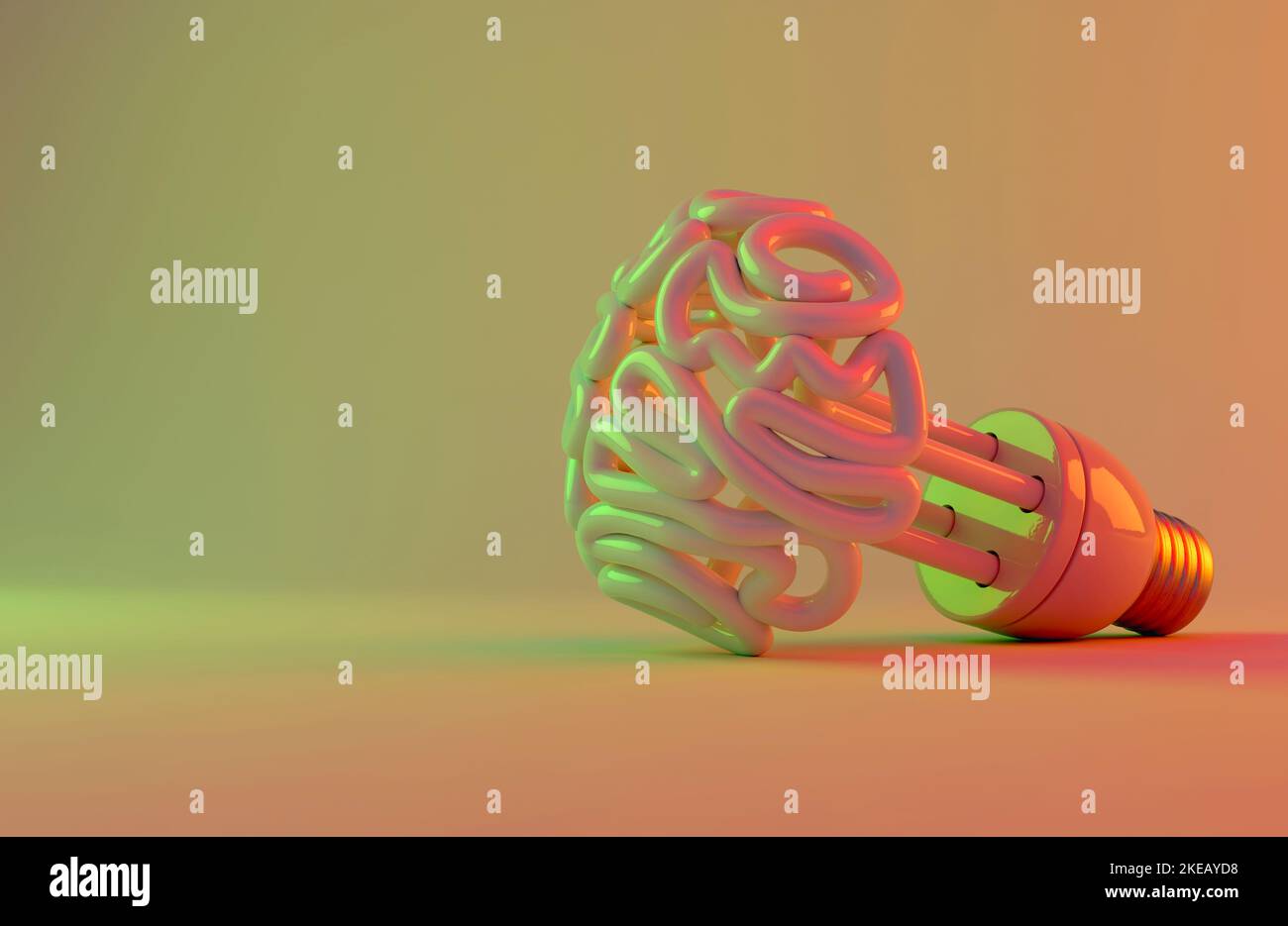 Eine unbeleuchtete Leuchtstofflampe in Form eines stilisierten Gehirns auf einem isolierten bunten Bonbon-Studio-Hintergrund - 3D Render Stockfoto