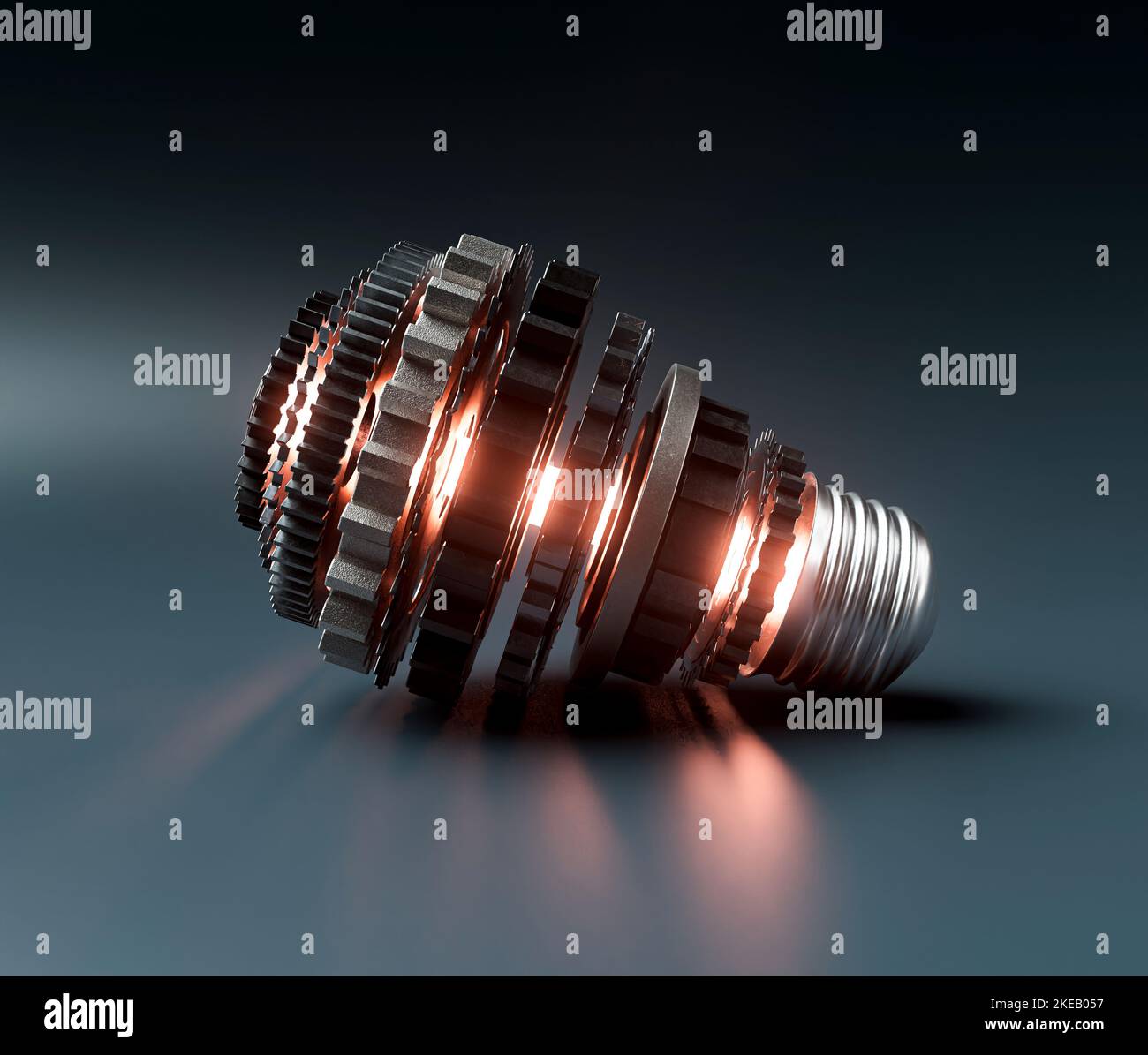 Ein Glühbirnen-Konzept aus Zahnrädern aus Metall und ein zentrales neon-beleuchtetes Lgiht, das Fantasie auf einem dunklen dramatischen Hintergrund symbolisiert - 3D Render Stockfoto