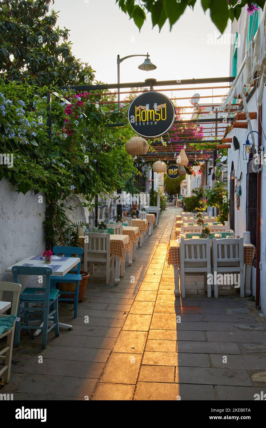 Bodrum, Türkei - 12.05.2022. Schmale gemütliche Straße von Bodrum Stadt in der Türkei mit Pflanzen und Blumen überwuchert Stockfoto