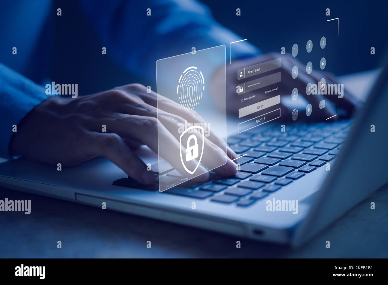 Benutzername und Passwort (Login) mit biometrischer Identifikation Fingerabdruckscanner, Verschlüsselung für Technologie Cyber Security Internet und Netzwerk-System Stockfoto