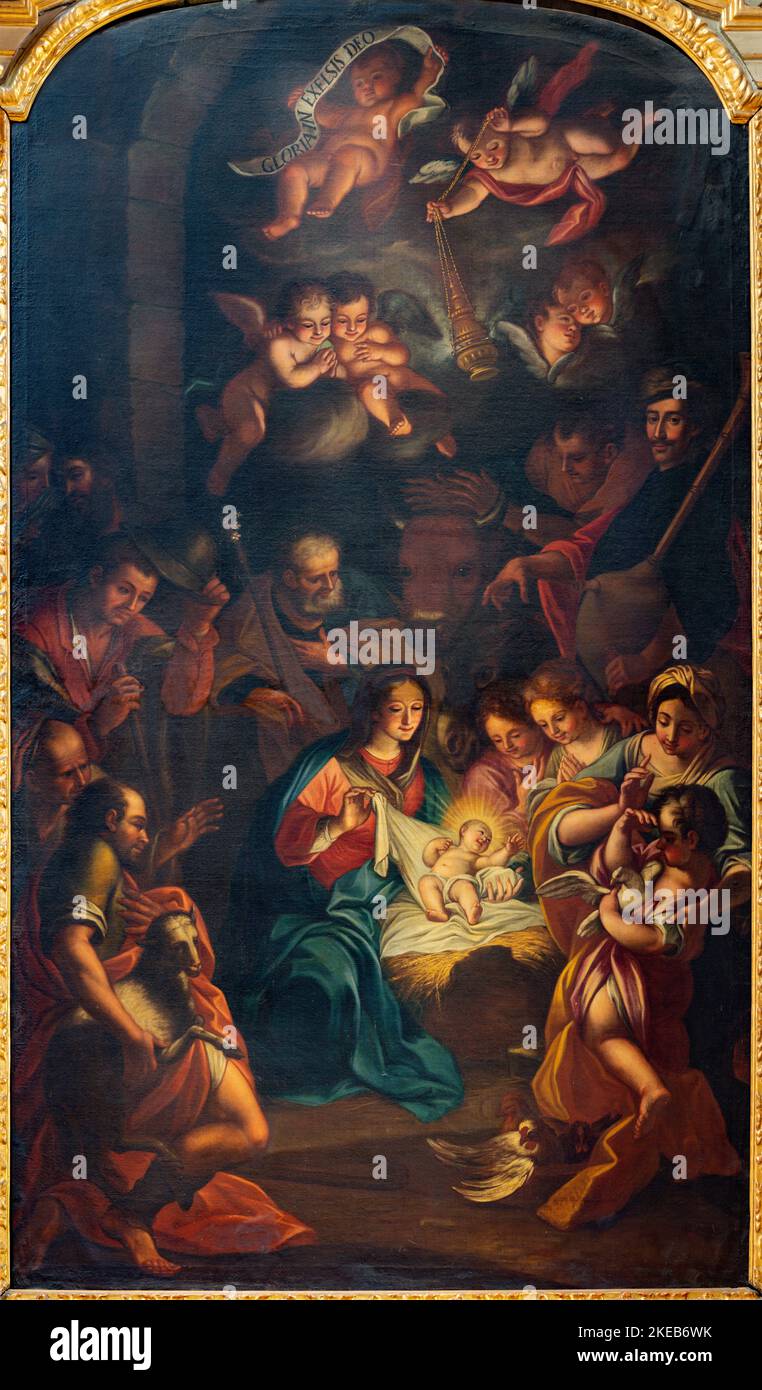 IVREA, ITALIEN - 15. JULI 2022: Das Gemälde der Geburt in der Kirche Chiesa di Sant Ulderico von Künstler Gaeta als Kopie von Sebastiano Conca. Stockfoto