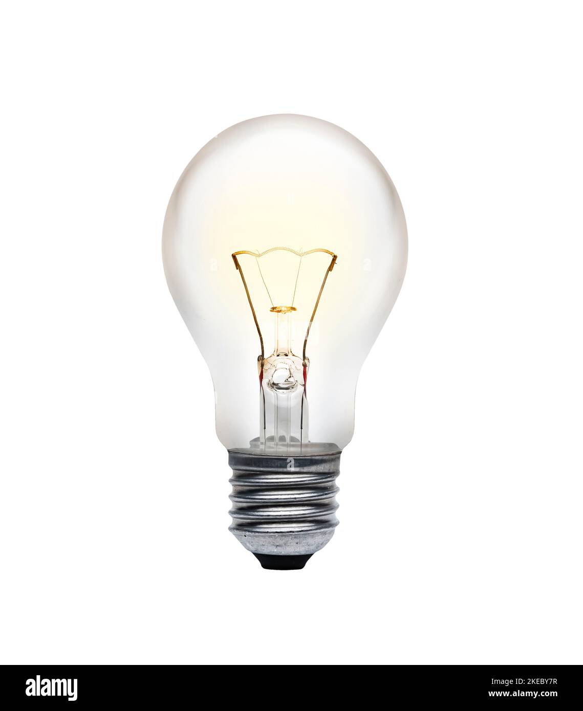 Glühlampe mit leuchtendem Glühfaden, isoliert auf weißem Hintergrund Stockfoto