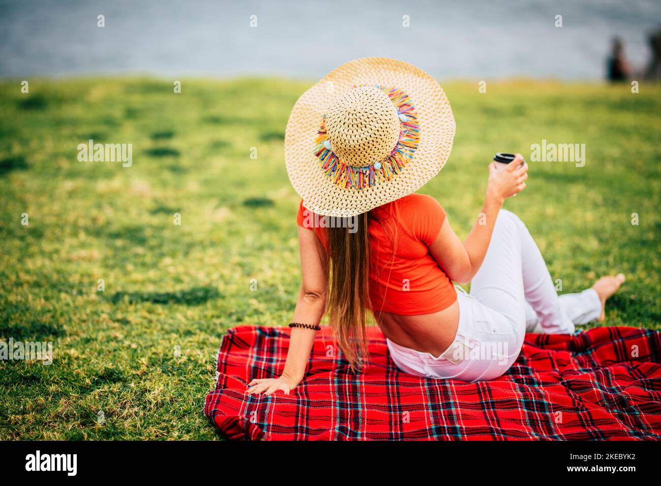 Rückansicht der trendigen weiblichen Touristen entspannt sitzen auf einer roten Abdeckung in einem Wiesenfeld trägt Strohhut genießen die Aussicht und die Stille. Konzept der allein Freizeit ruhige Outdoor-Aktivität im Park Stockfoto