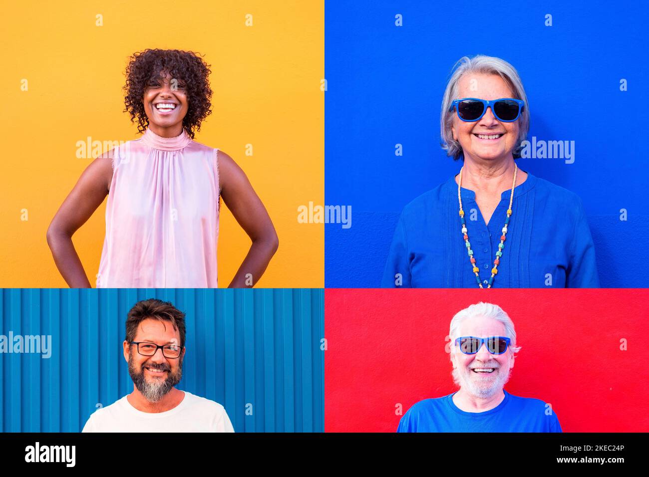 Collage und Montage einer Gruppe von vier Personen, die lächeln und Spaß mit farbigen Hintergründen haben - Erwachsene und Senioren aller Altersgruppen und Ethnien genießen Stockfoto