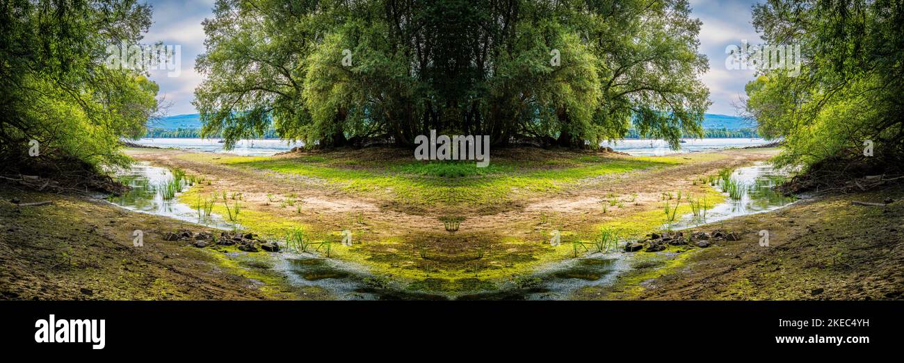 Rheinaue bei Ingelheim in Rhein-Hessen mit Sandstrand und malerischen Buchten, lädt zum Entspannen ein, Stockfoto
