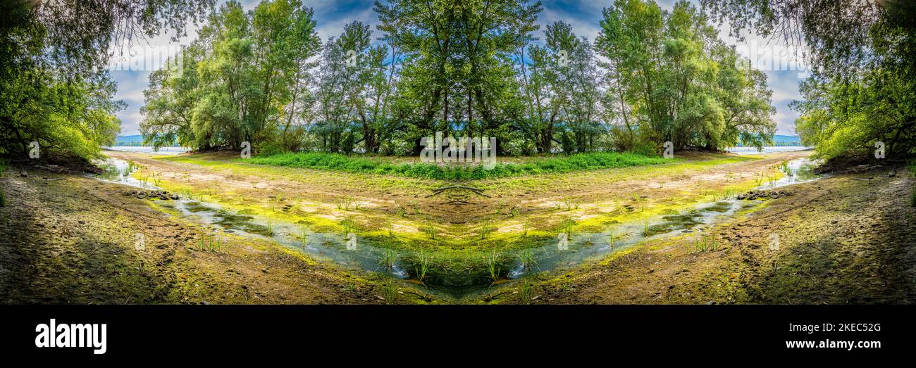 Rheinaue bei Ingelheim in Rhein-Hessen mit Sandstrand und malerischen Buchten, lädt zum Entspannen ein, Stockfoto