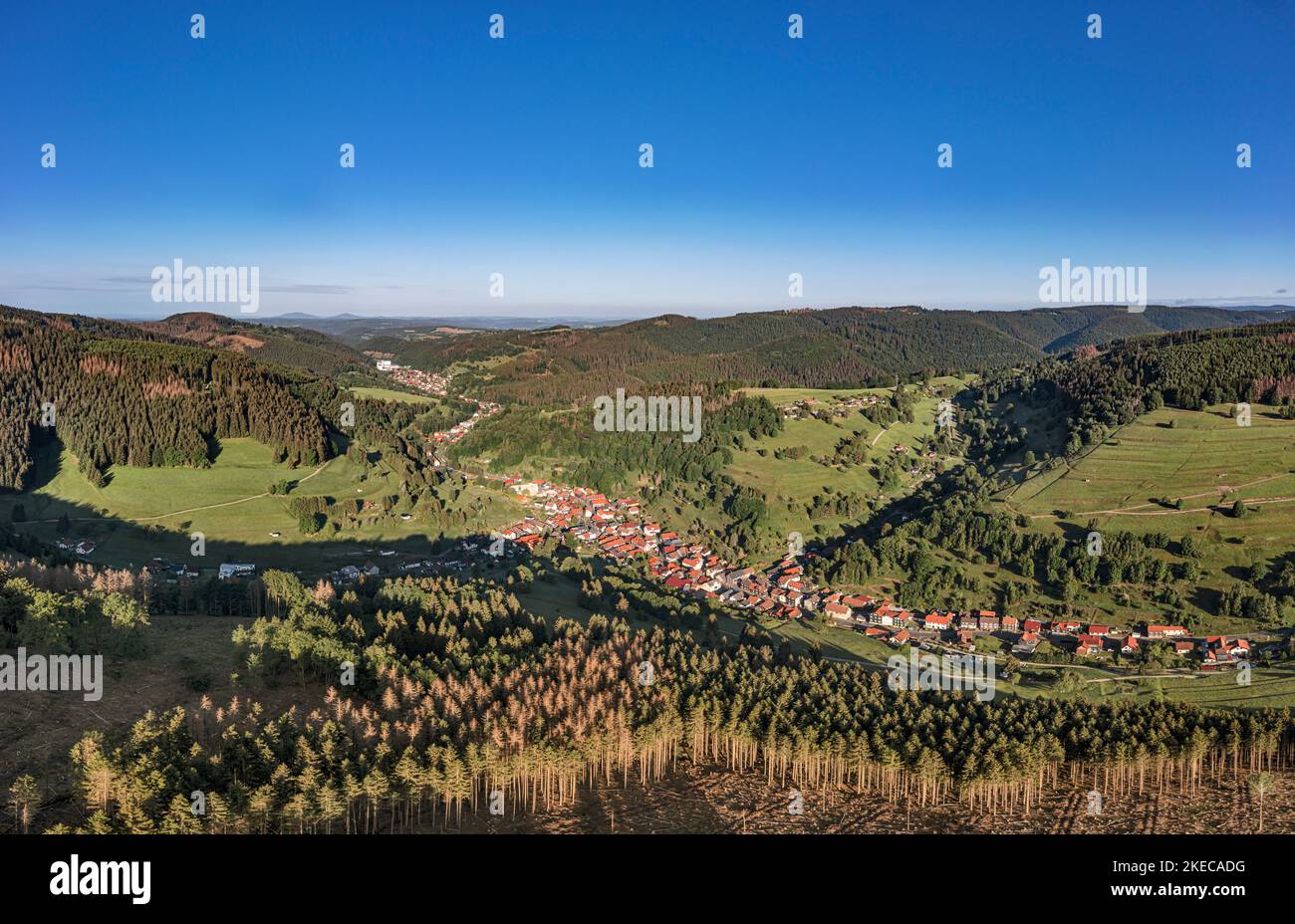 Deutschland, Thüringen, Schleusegrund, Schönbrunn, langgezogenes Dorf, Wald, Berge, Täler, Übersicht, Morgenlicht Stockfoto