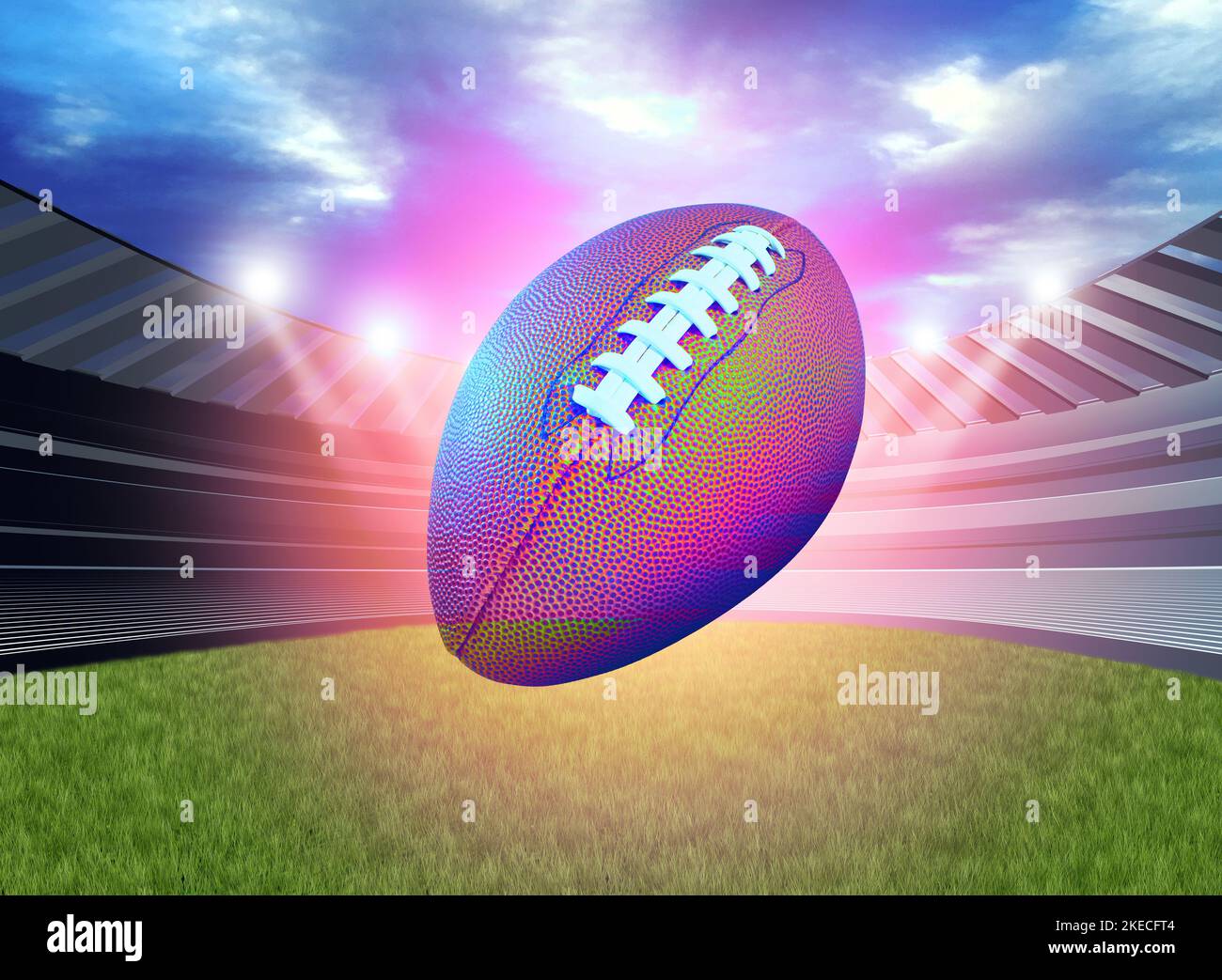 Glühender American Football Ball in einem Sportstadion oder Sportplatz als Mannschaftsturnier in einer Arena für den Spielwettbewerb als Illustration aus dem Jahr 3D Stockfoto