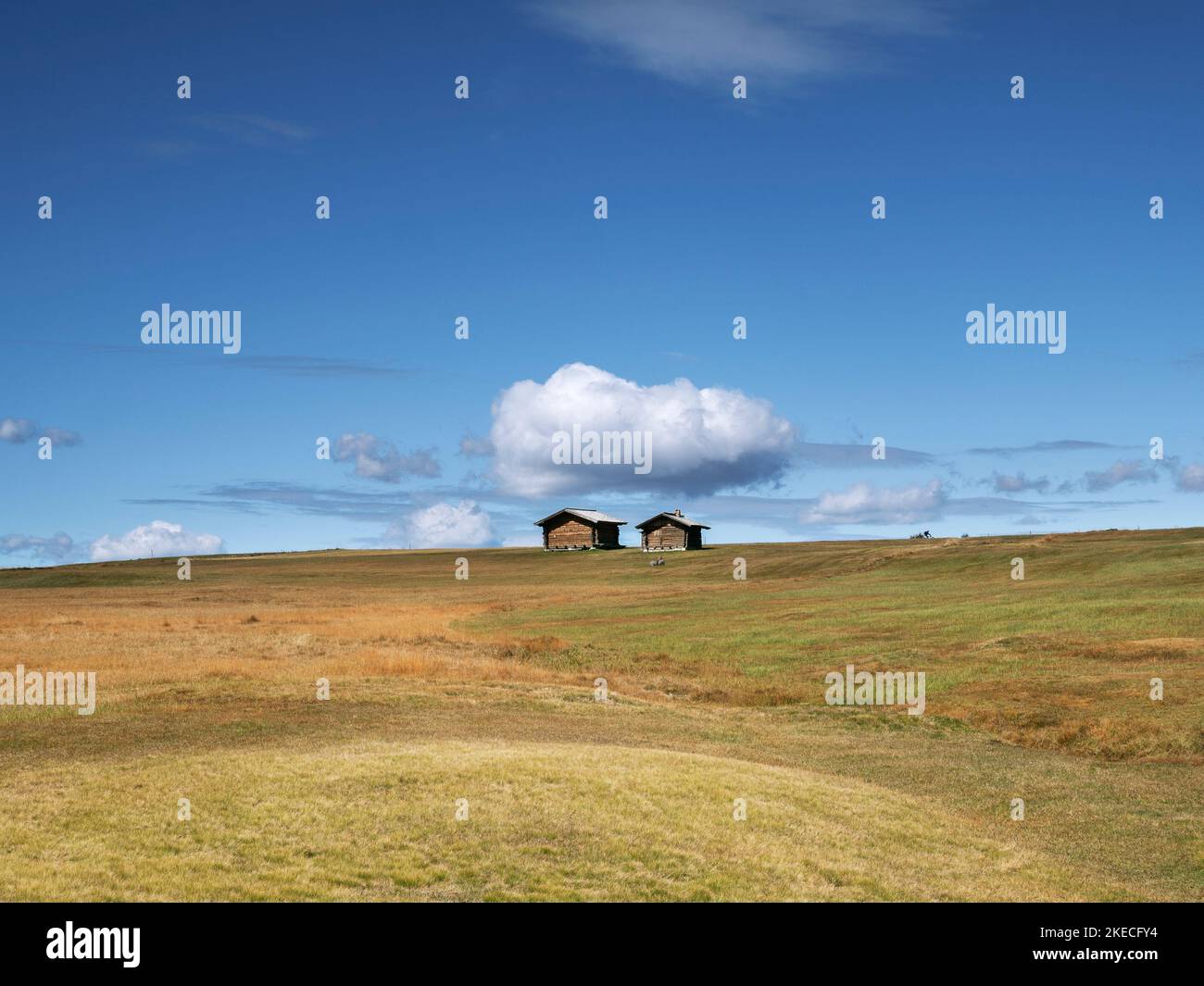 Zwei Hütten auf der Seiser Alm Stockfoto