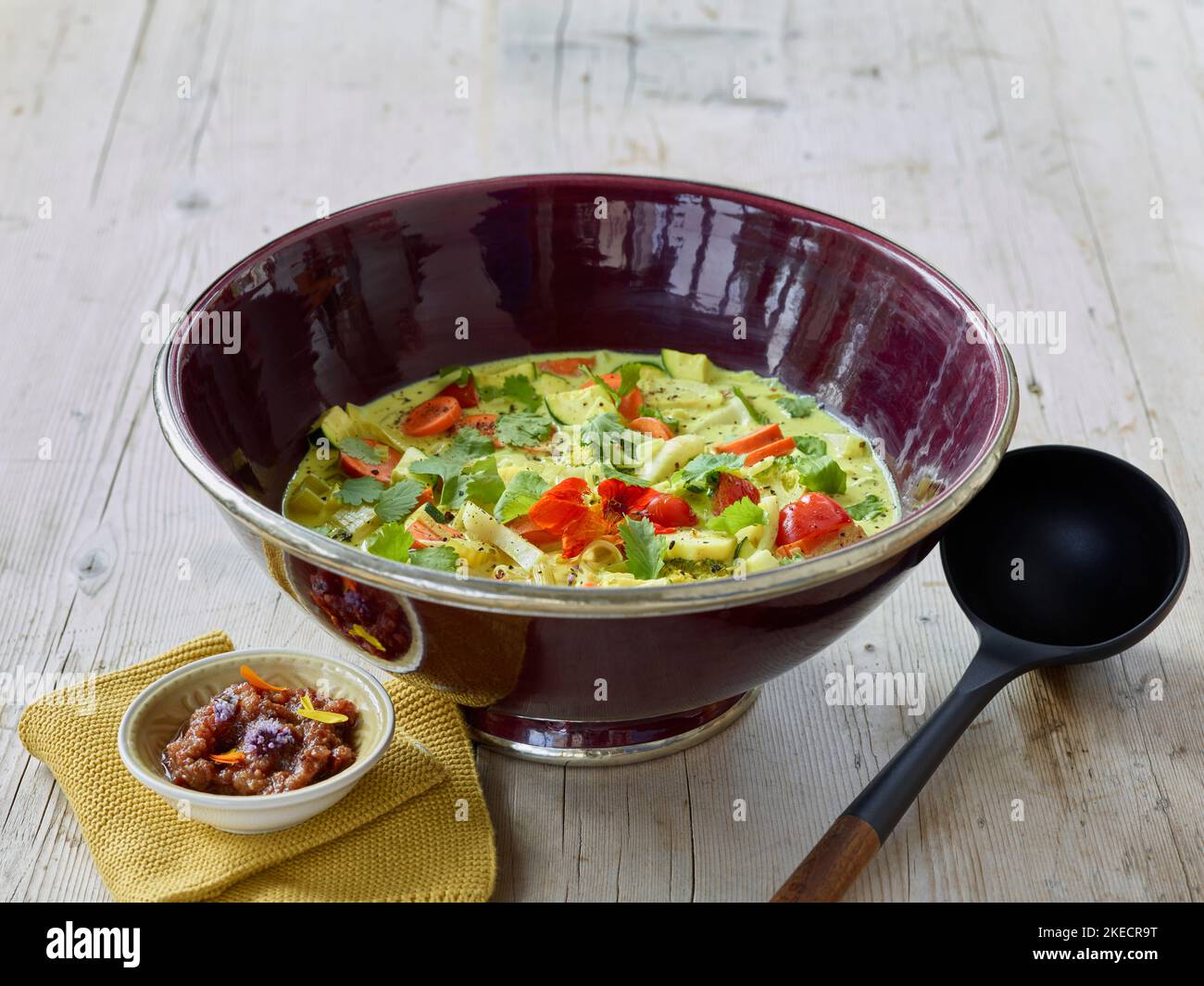 ayurvedische Küche, Gemüsecurrys in einer Auberginen-farbigen Schüssel mit einer kleinen Schüssel Rosinen-Ingwer-Chutney und einem Holzlöffel Stockfoto