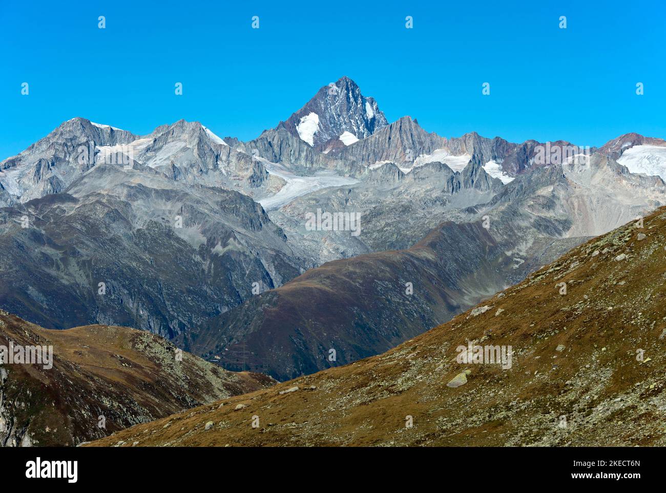 Klassisches Panorama der Schweizer Alpen mit Finsteraarhorn, Goms, Wallis, Schweiz Stockfoto