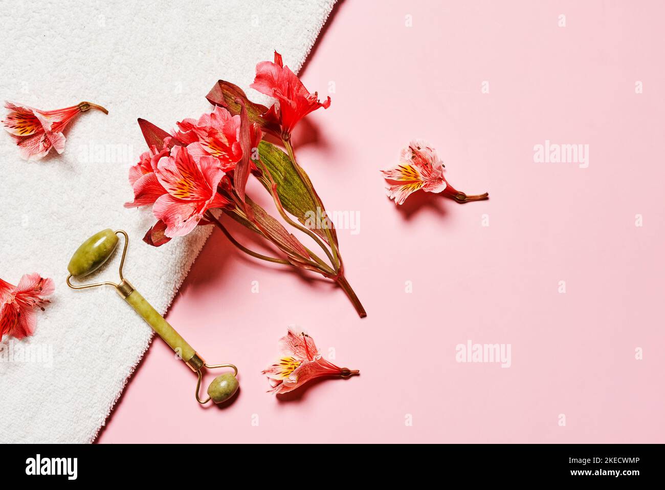 Einige rosa Blüten auf einem weißen Handtuch neben einer Schere und einem Stück Papier, das in zwei Hälften geschnitten wurde Stockfoto