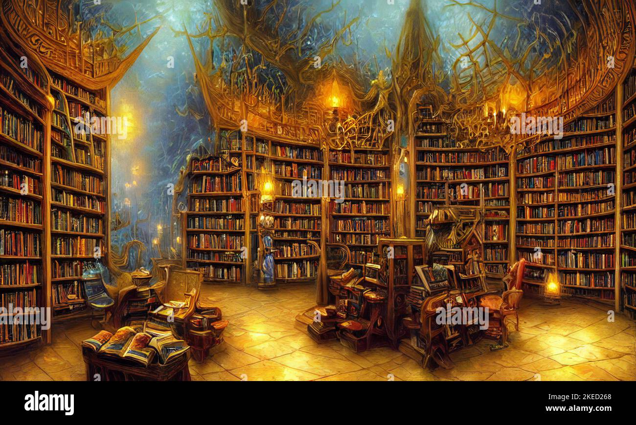 Schöne alte Fantasy-Bibliothek voller magischer Bücher Stockfoto