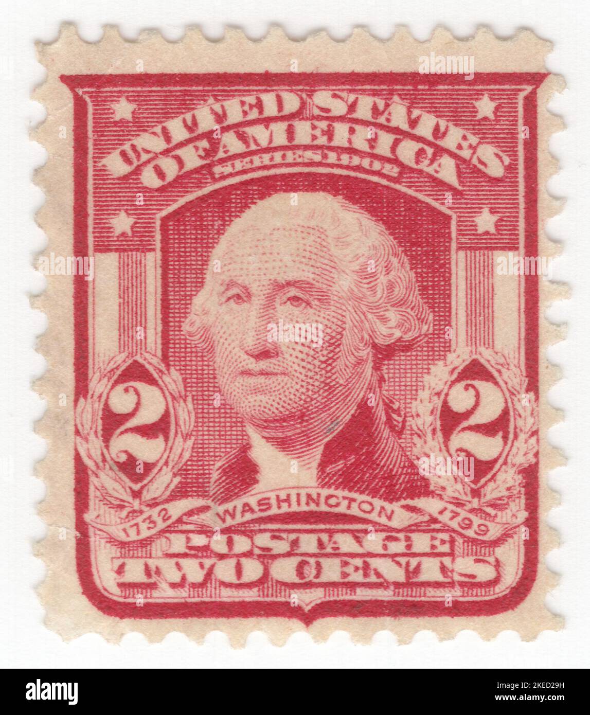 USA - 1903: Eine 2 Cent Seenportomarke, die das Porträt von George Washington darstellt. Amerikanischer Militäroffizier, Staatsmann und Gründungsvater, der von 1789 bis 1797 als erster Präsident der Vereinigten Staaten diente. Vom Kontinentalkongress zum Kommandeur der Kontinentalarmee ernannt, führte Washington die Patriot-Kräfte zum Sieg im amerikanischen Revolutionskrieg und diente als Präsident des Verfassungskonvents von 1787, der die Verfassung der Vereinigten Staaten und der amerikanischen Bundesregierung schuf. Washington wurde als „Vater seines Landes“ bezeichnet Stockfoto