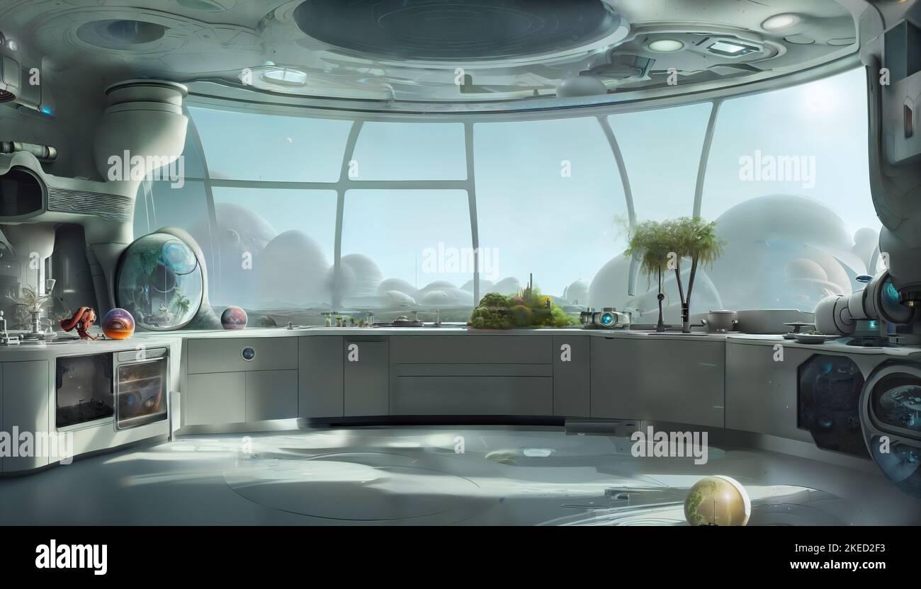 Futuristische Küche, Science-Fiction-Raum mit Blick auf eine außerirdische Landschaft Stockfoto