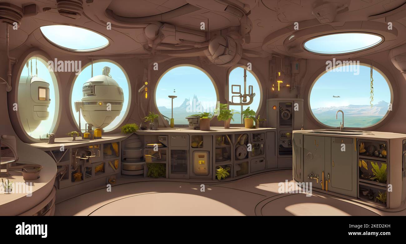 Futuristische Küche, Science-Fiction-Raum mit Blick auf eine ungewöhnliche Landschaft Stockfoto