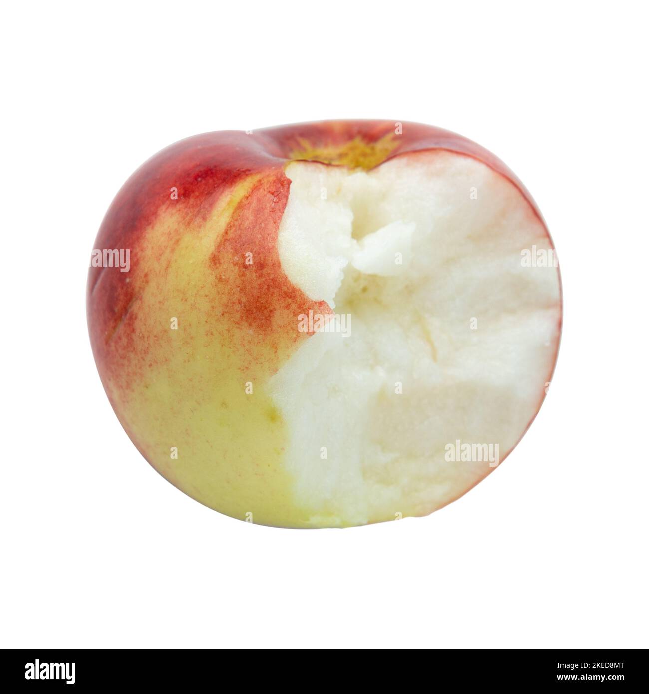 Reifer Apfel gebissen isoliert auf weißem Hintergrund, Draufsicht, Bio-Früchte Stockfoto