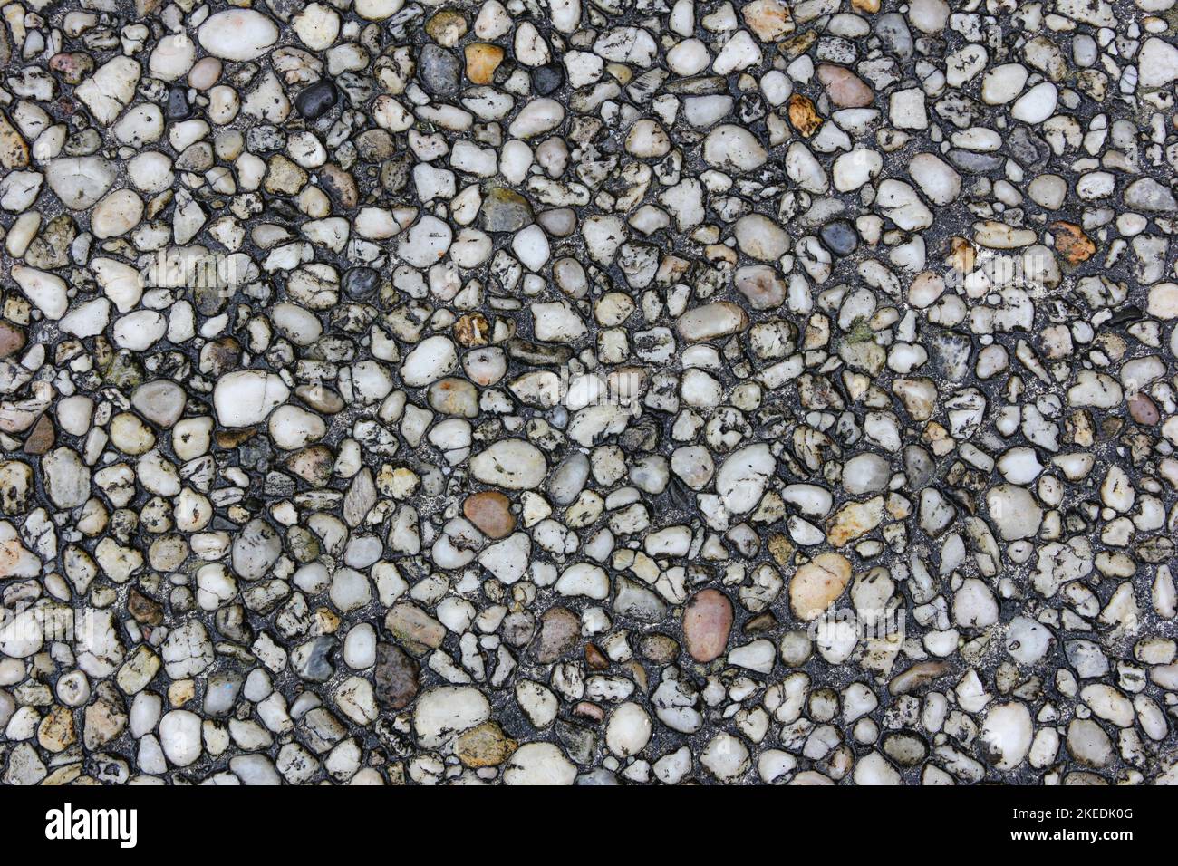 Kleine Kieselsteine in Beton eingebettet – eine Oberflächenstruktur Stockfoto