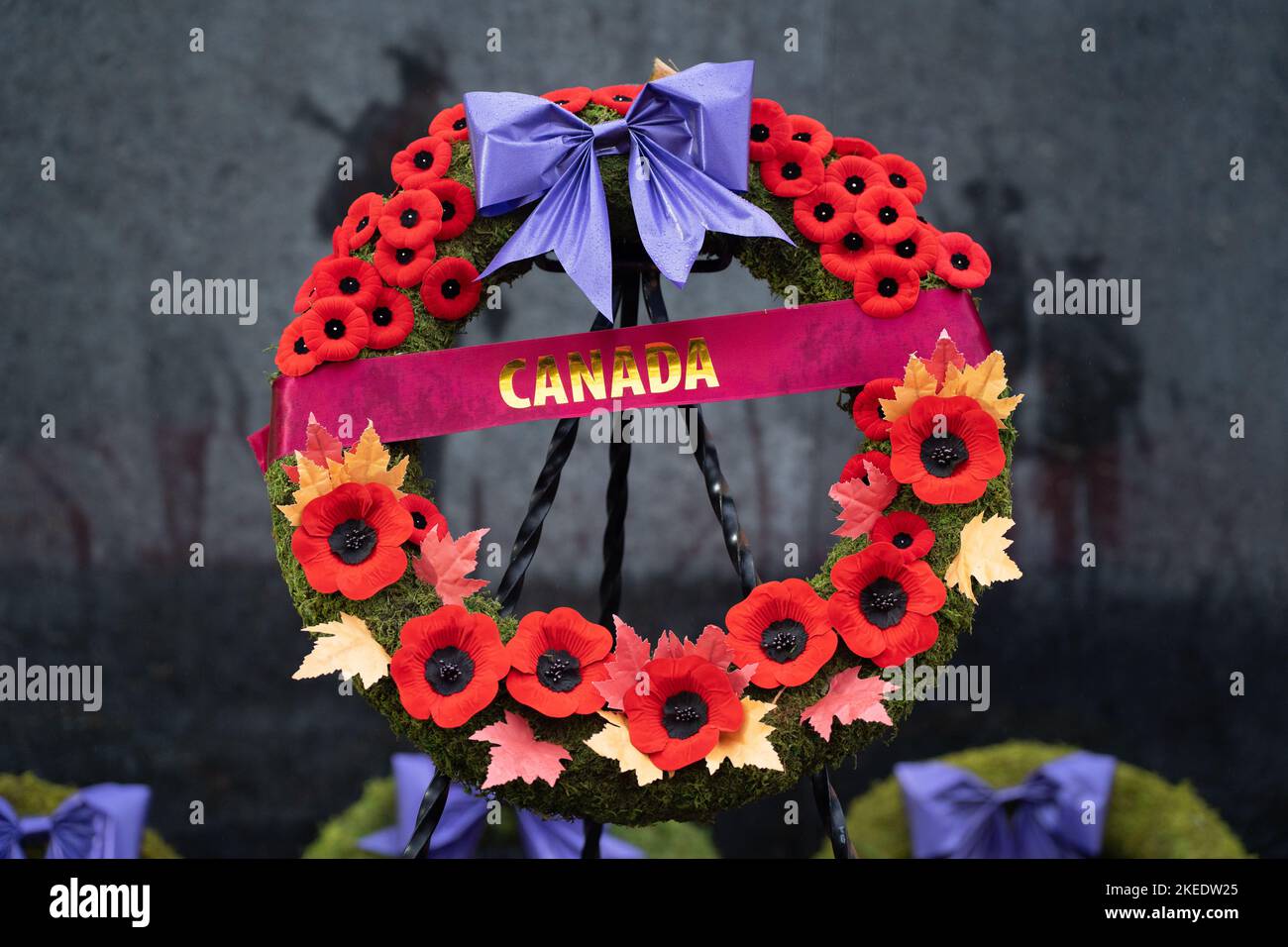 Ein kanadischer Kranz zum Gedenktag, bedeckt mit Mohn nach einer Zeremonie am Ontario Veterans' war Memorial im Queen's Park, Toronto, Ontario. Stockfoto