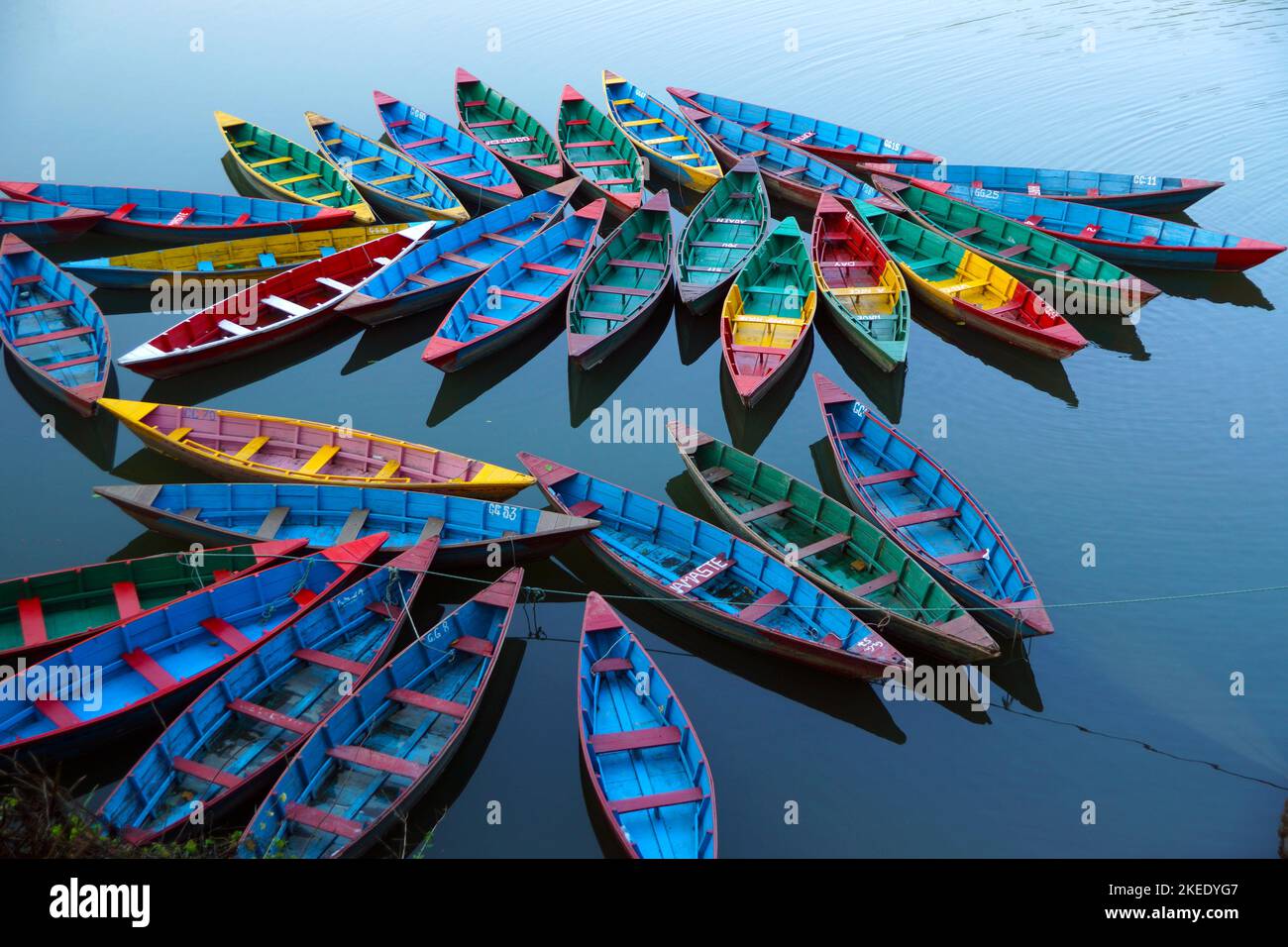 Farbenfrohe Ruderboote auf einem See in Pokhara, Nepal Stockfoto