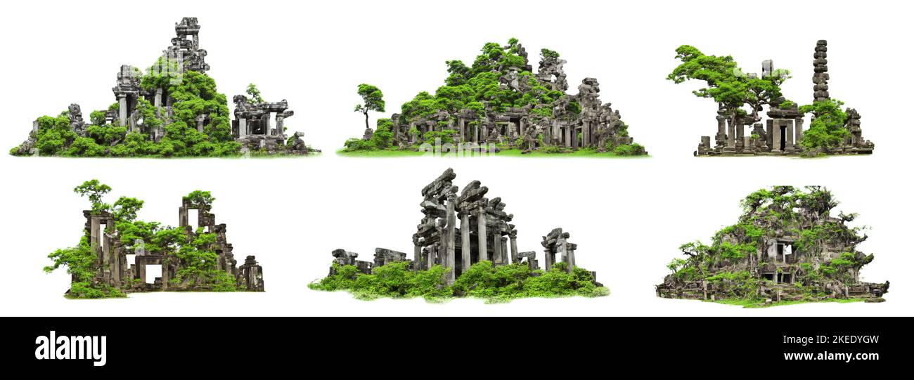 Alte Tempelruine, Sammlung von überwucherten historischen Gebäuden, isoliert auf weißem Hintergrund Stockfoto