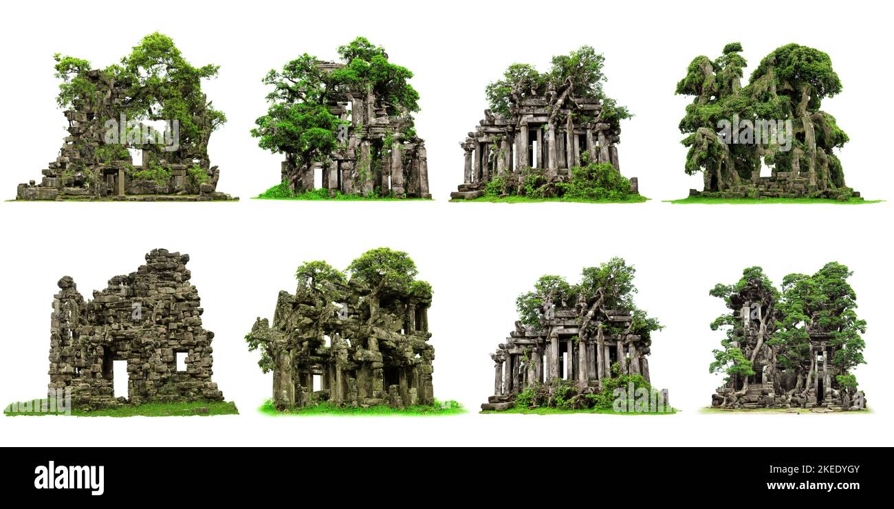 Alte Tempelruine, Reihe von überwucherten historischen Gebäuden, isoliert auf weißem Hintergrund Stockfoto