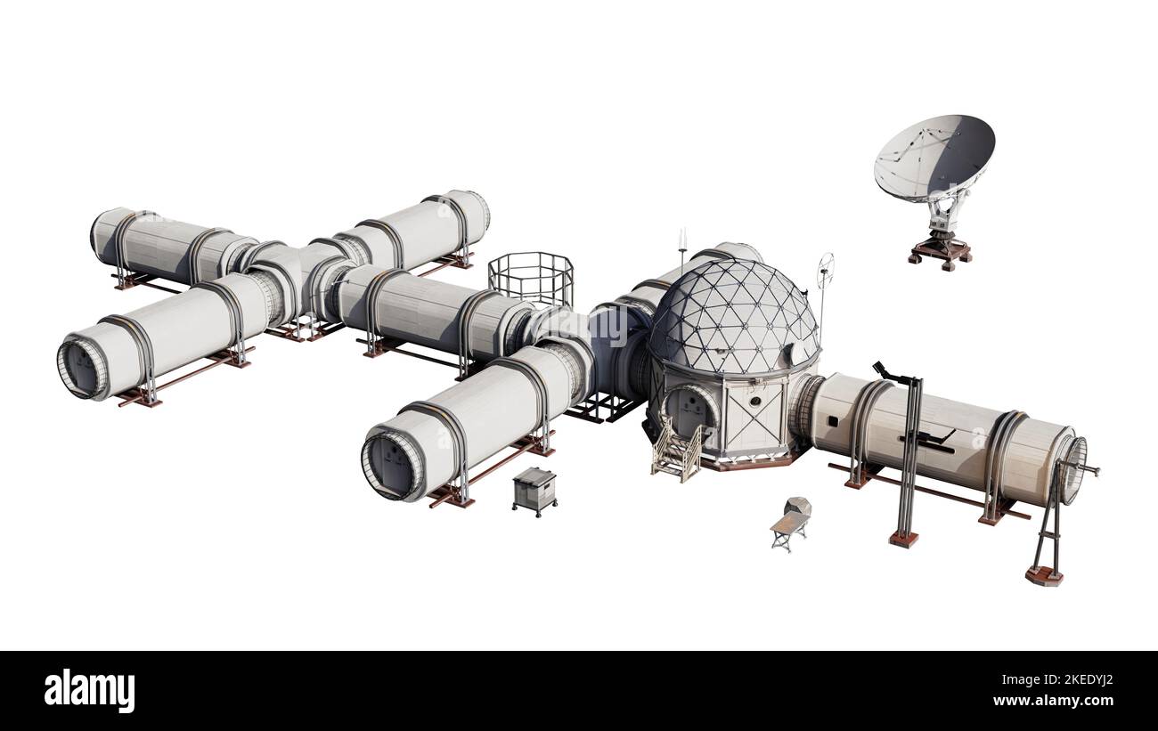 Forschungsbasis, Lebensraum für Astronauten auf Mars oder Mond, isoliert auf weißem Hintergrund Stockfoto