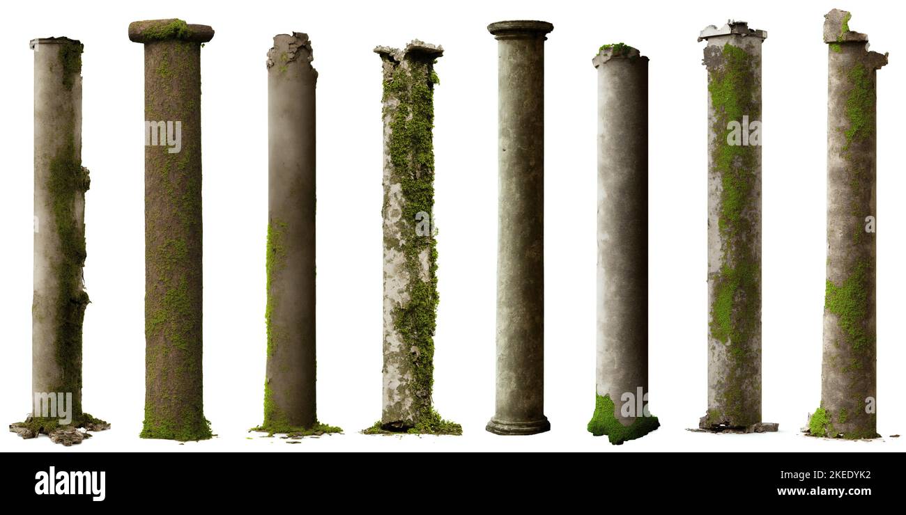 Satz von antiken Säulen, Sammlung von überwucherten Säulen, isoliert auf weißem Hintergrund Stockfoto