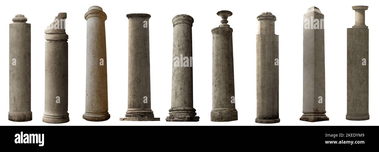 Satz von antiken Säulen, Sammlung von beschädigten Säulen isoliert auf weißem Hintergrund Stockfoto