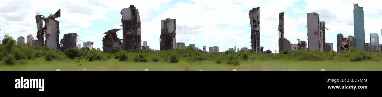 Postapokalyptische Skyline, zerstörte Wolkenkratzer, hohe überwucherte Gebäude auf weißem Hintergrund isoliert Stockfoto